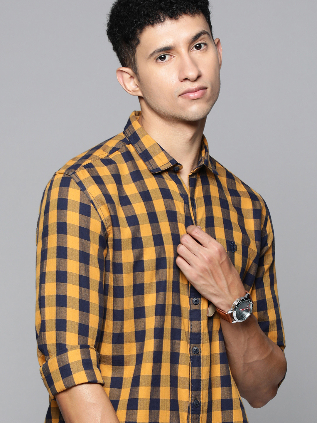 

Flying Machine Men Mustard Slim Fit Checked Pure Cotton Casual Shirt