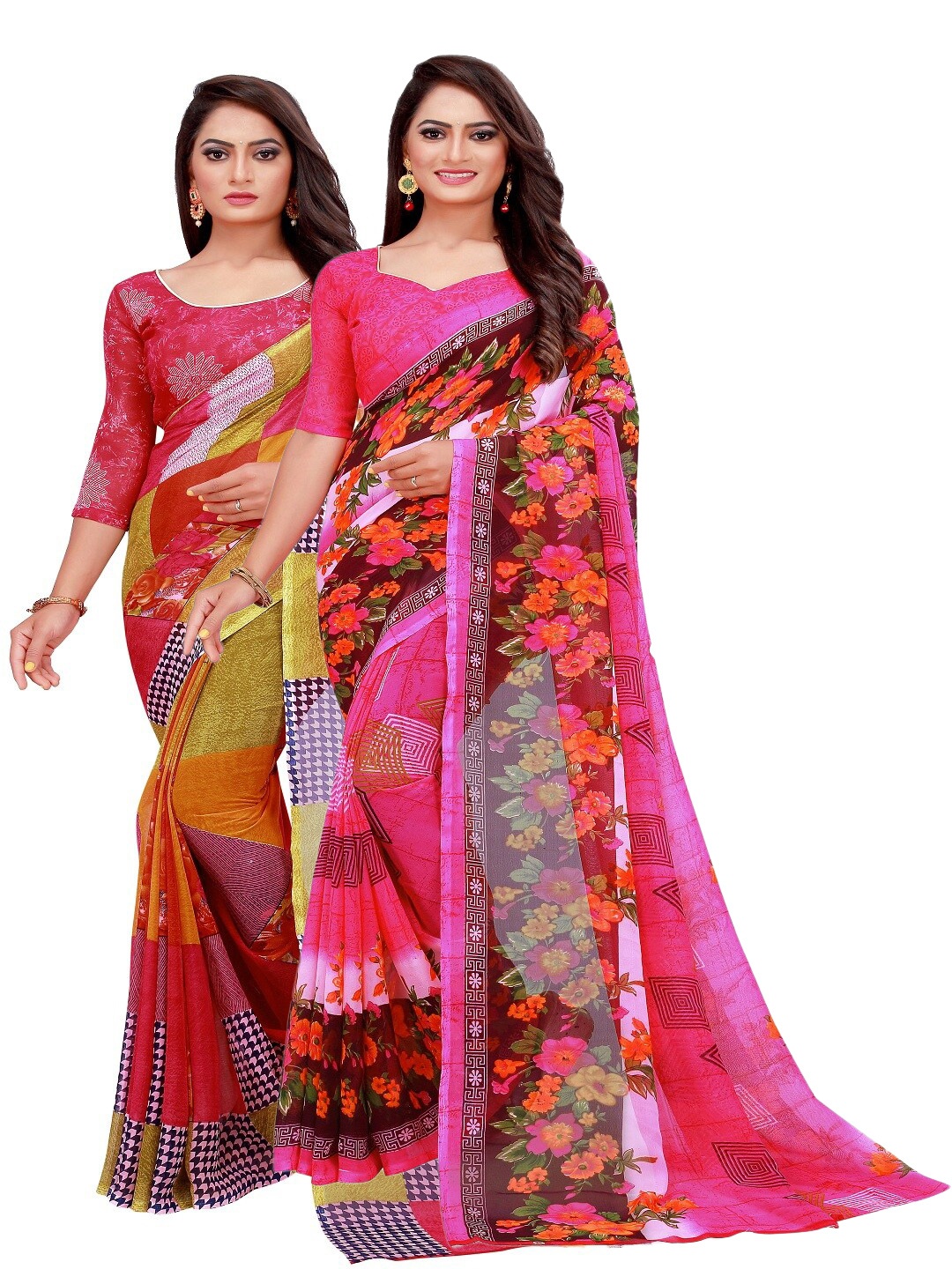 

Florence Pack Of 2 Red & Pink Floral Printed Pure Georgette Saree