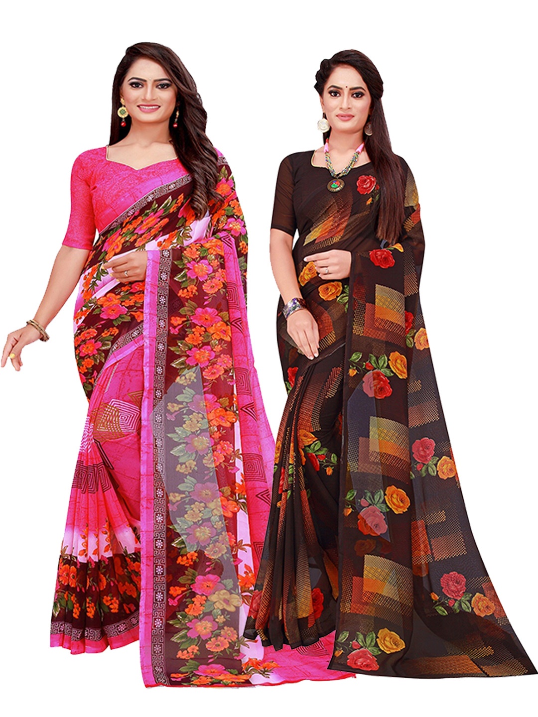 

Florence Set Of 2 Pink & Brown Floral Pure Georgette Saree