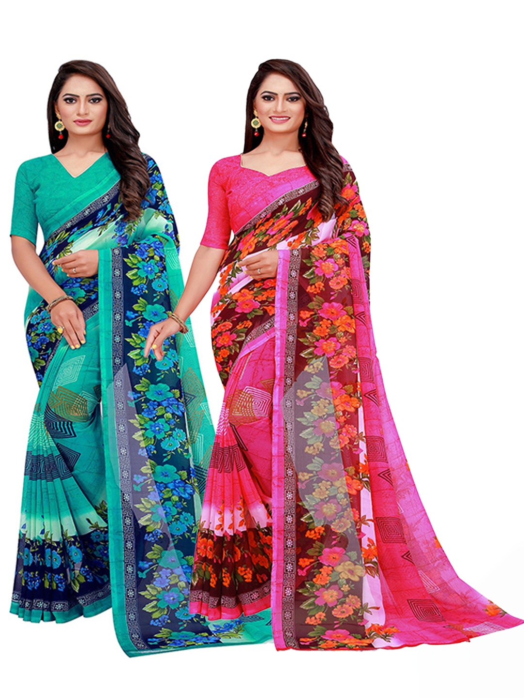 

Florence Pack of 2 Floral Pure Georgette Saree, Pink