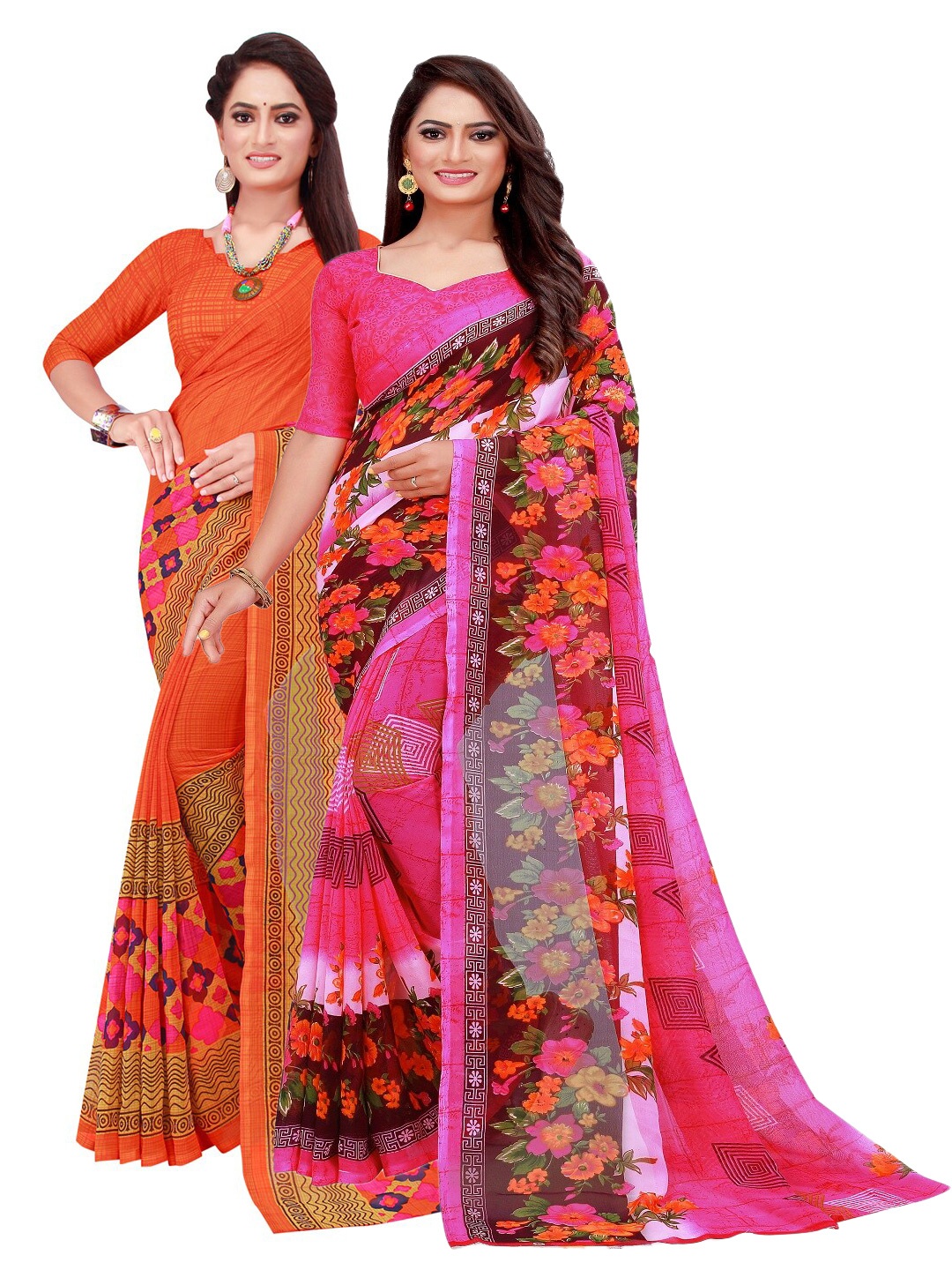 

Florence Orange & Pink Printed Pure Georgette Saree