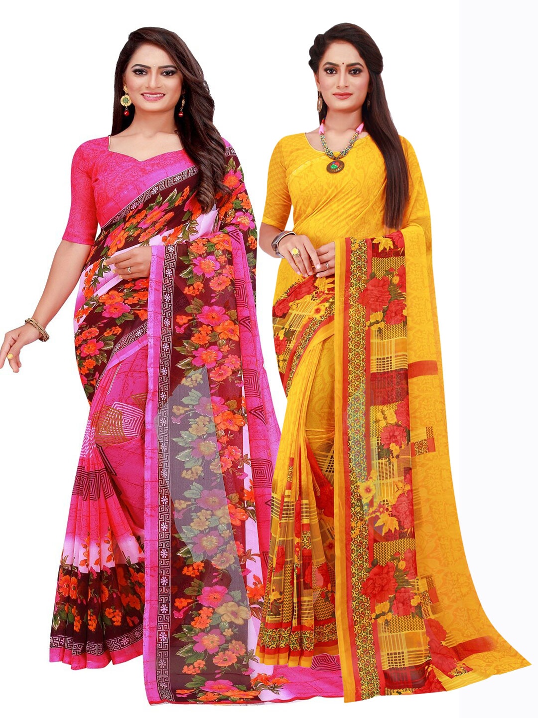 

Florence Pink & Orange Set of 2 Floral Pure Georgette Saree