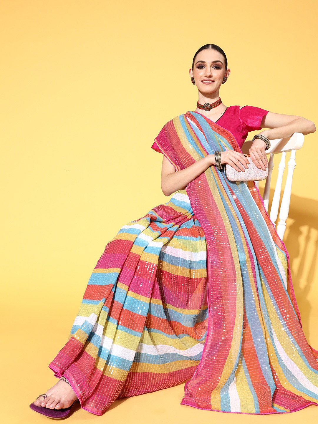 

Tikhi Imli Striped Saree, Pink