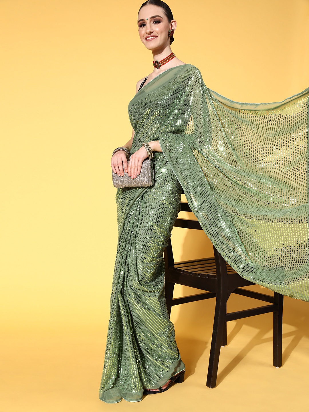 

Tikhi Imli Embellished Saree with Solid border, Olive