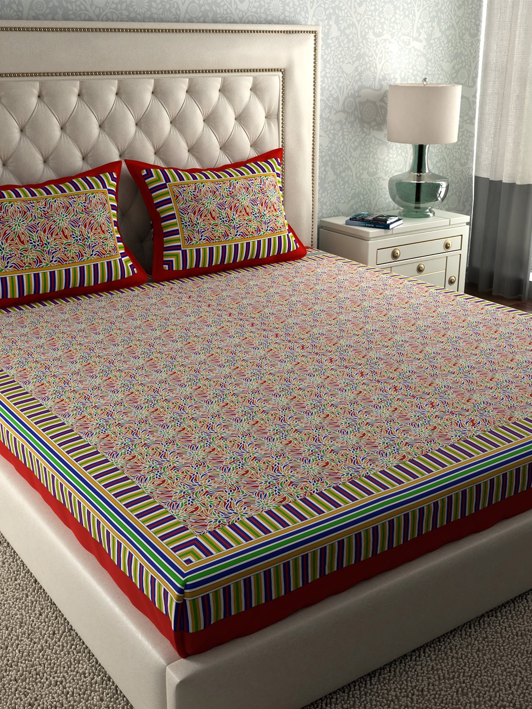 

LA VERNE Red & Blue Printed 104 TC Queen Bedsheet with 2 Pillow Covers