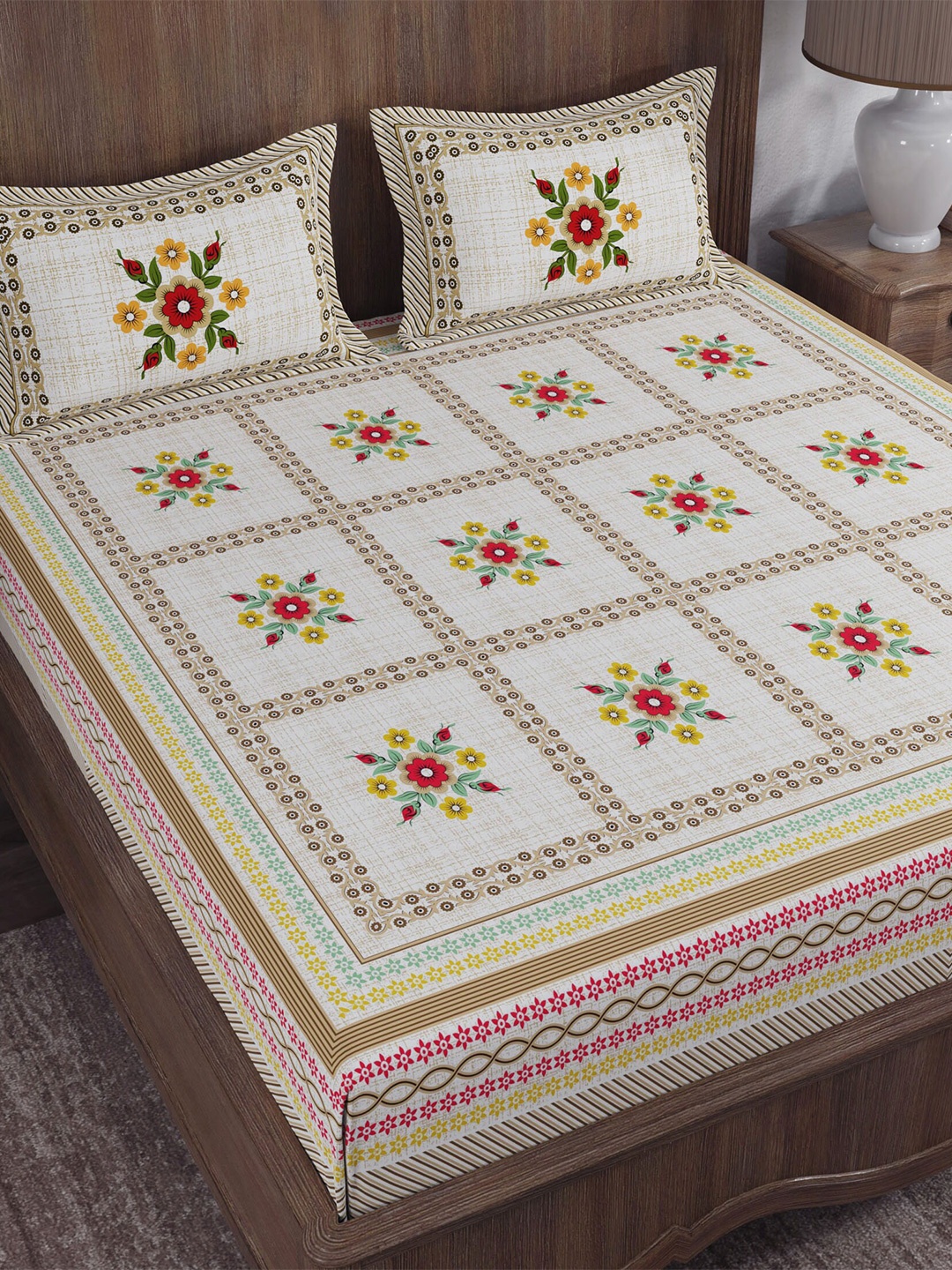 

LA VERNE White & Red Floral 104 TC Rajasthani Cotton Queen Bedsheet with 2 Pillow Covers