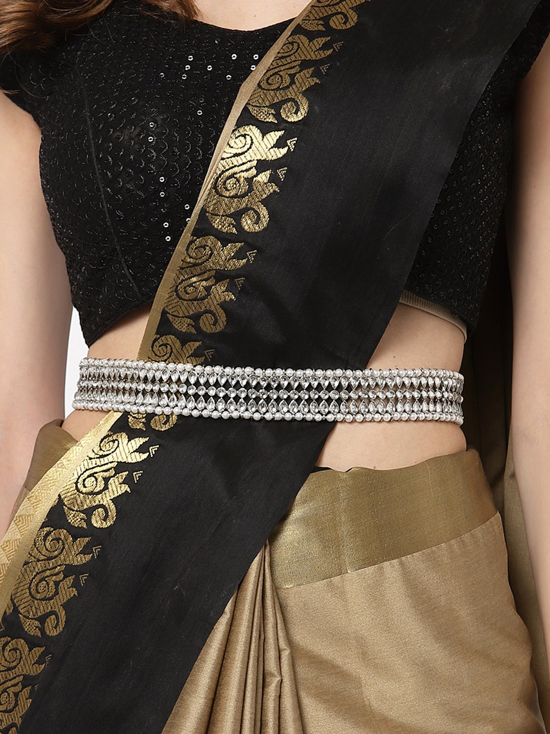 

KARATCART Silver-Plated White Pearls Studded & Beaded Oxidised Kamarband