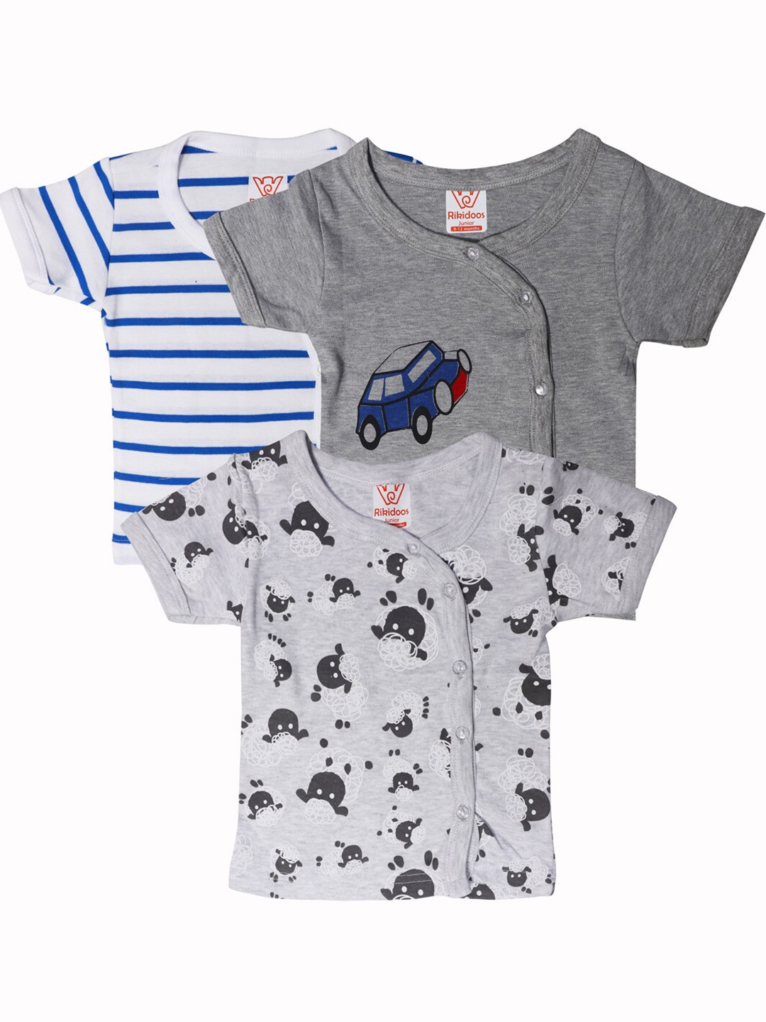 

RIKIDOOS Kids Grey & Off White Set Of 3 Printed Oversized T-shirt
