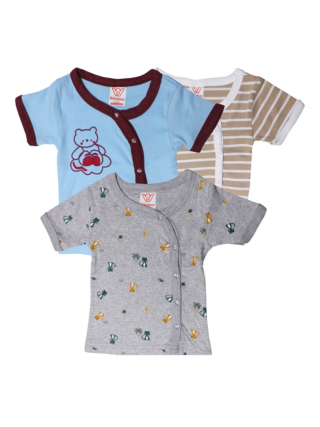 

RIKIDOOS Kids Blue & Grey Pack Of 3 Printed Oversized T-shirt