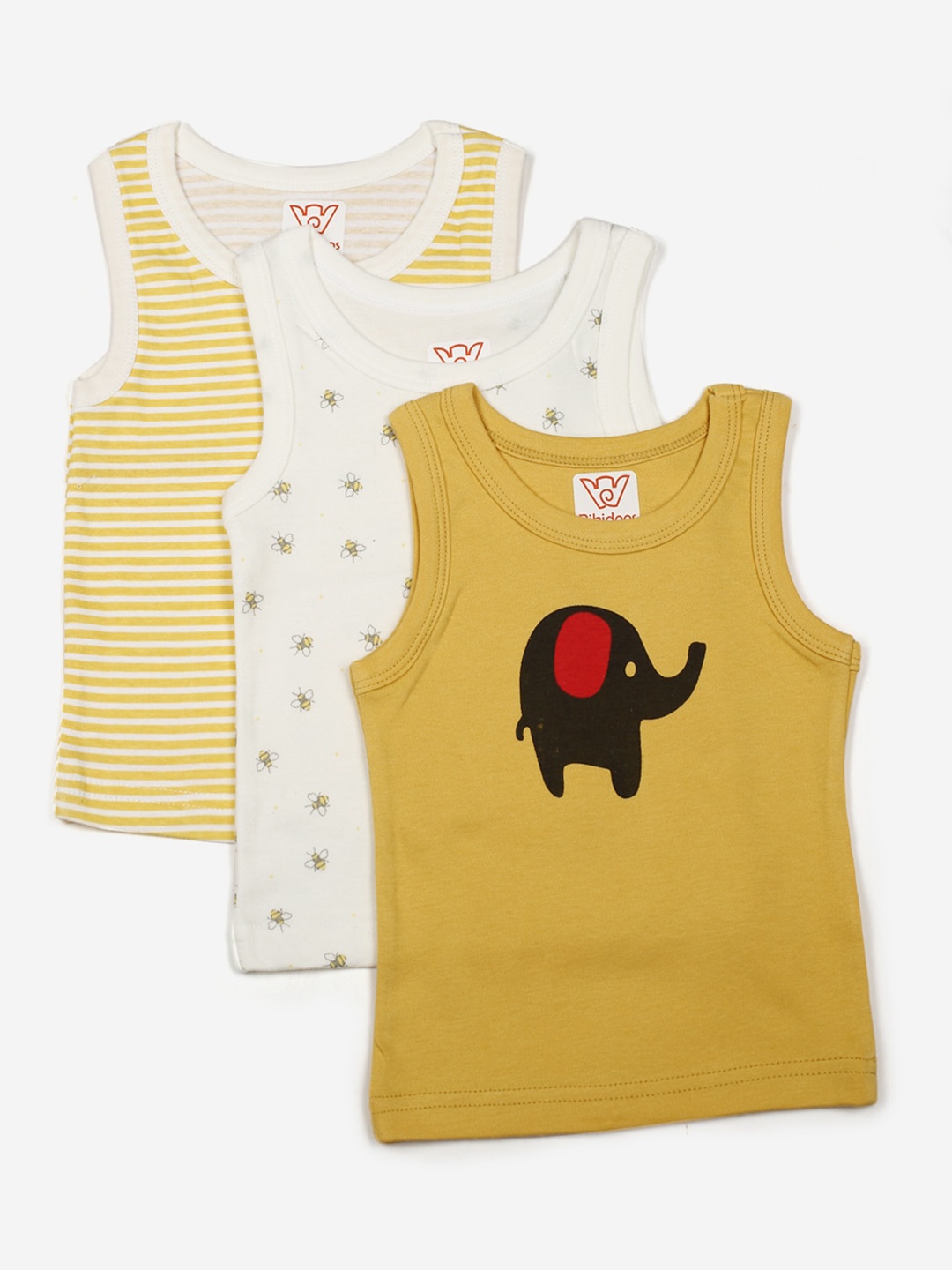 

RIKIDOOS Kids Yellow & White 3 Printed Cotton Loose T-shirt