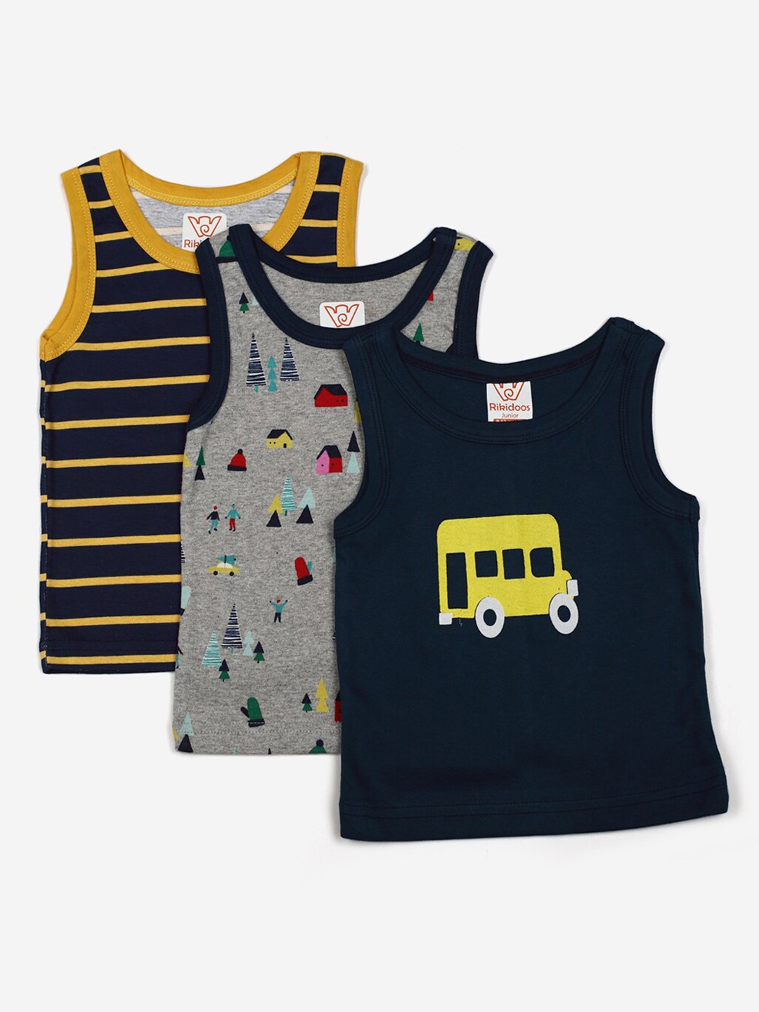 

RIKIDOOS Kids Pack Of 3 Printed Innerwear Vests, Grey
