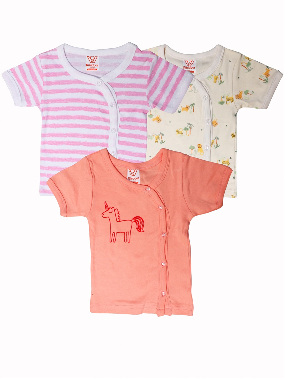 

RIKIDOOS Kids Peach-Coloured & Pink Set Of 3 Printed Oversized Cotton T-shirt