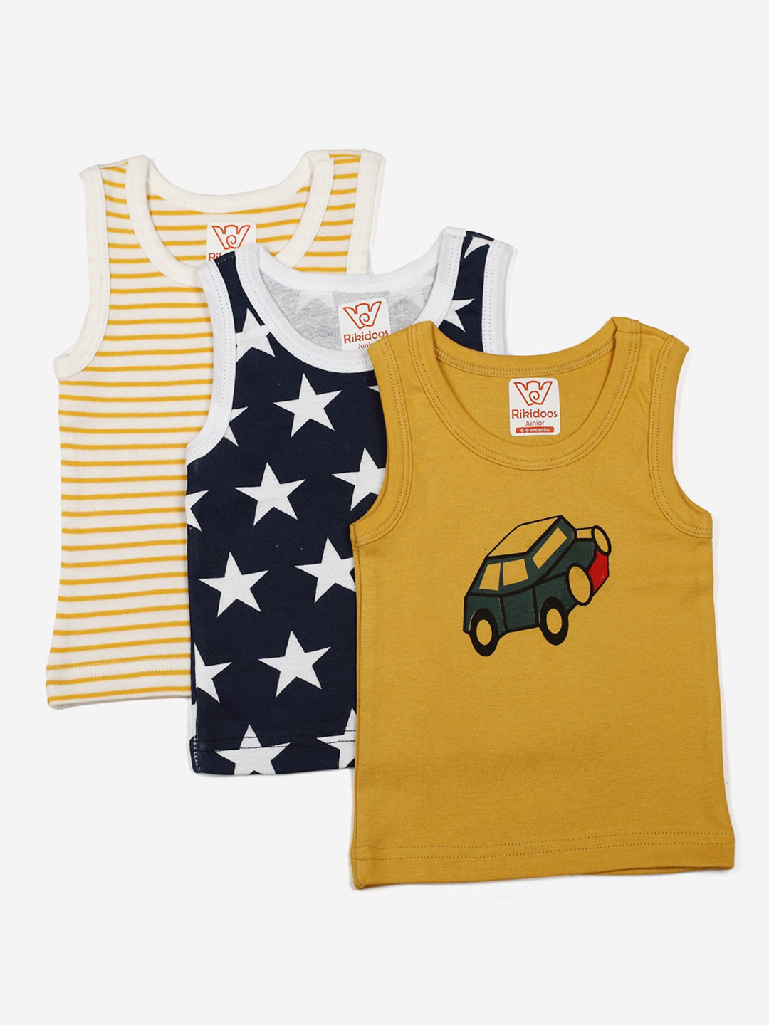 

RIKIDOOS Kids Set Of 3 Striped Loose T-shirt, Mustard