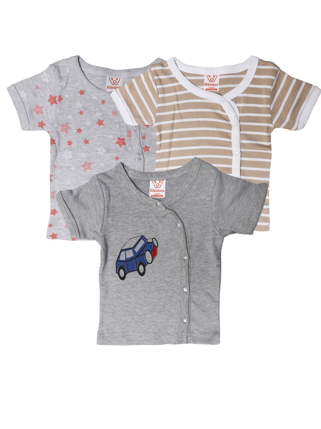 

RIKIDOOS Kids Set of 3 Printed Oversized Cotton T-shirt, Grey