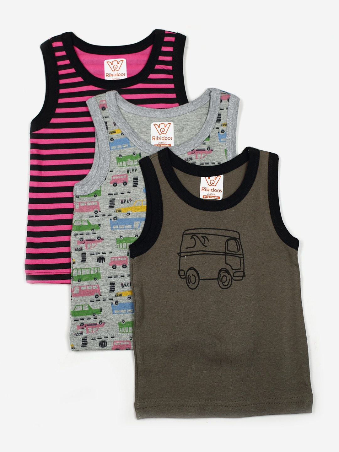 

RIKIDOOS Kids Pack Of 3 Printed Innerwear Vests, Olive