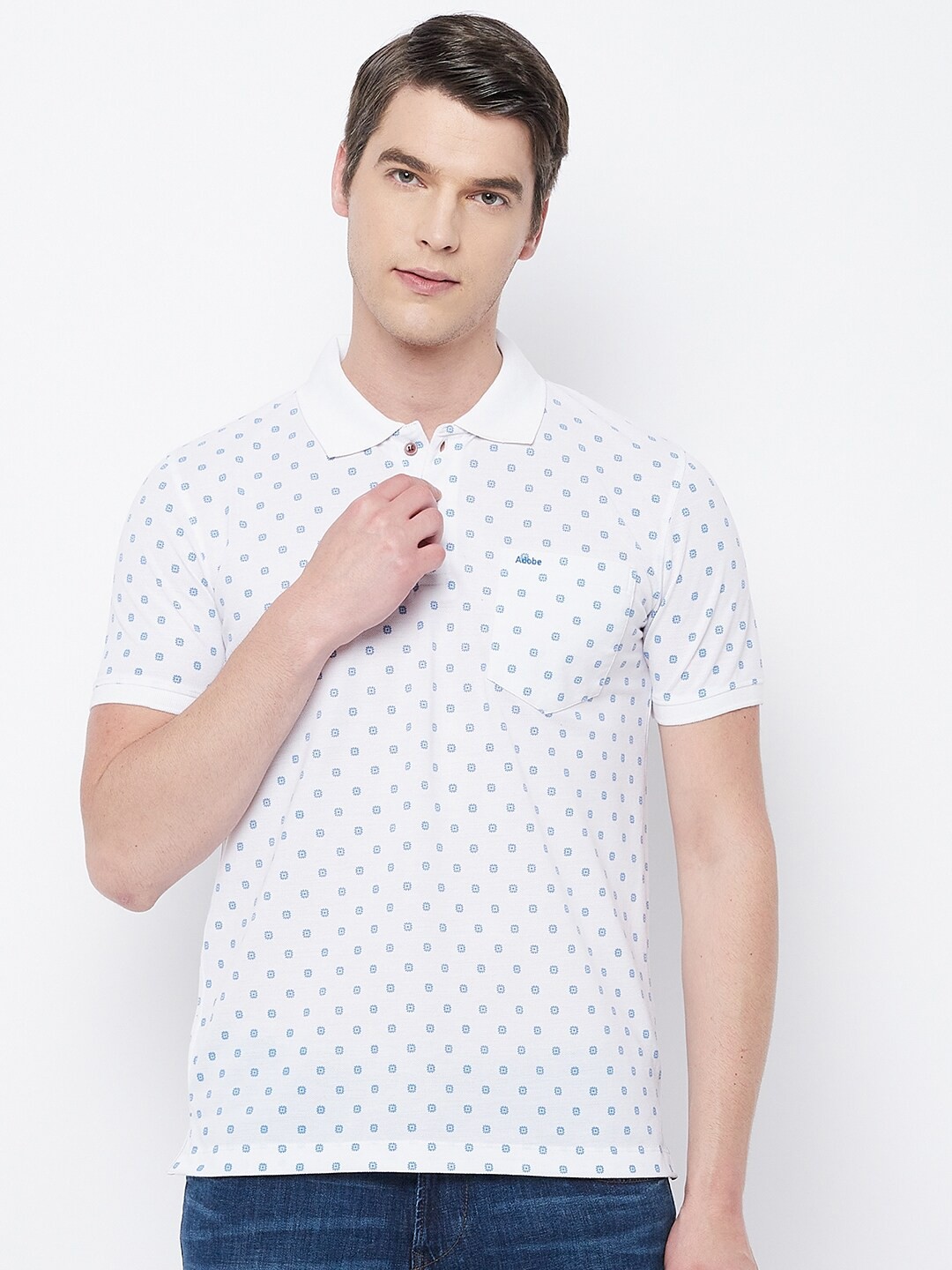 

Adobe Men White Printed Polo Collar T-shirt