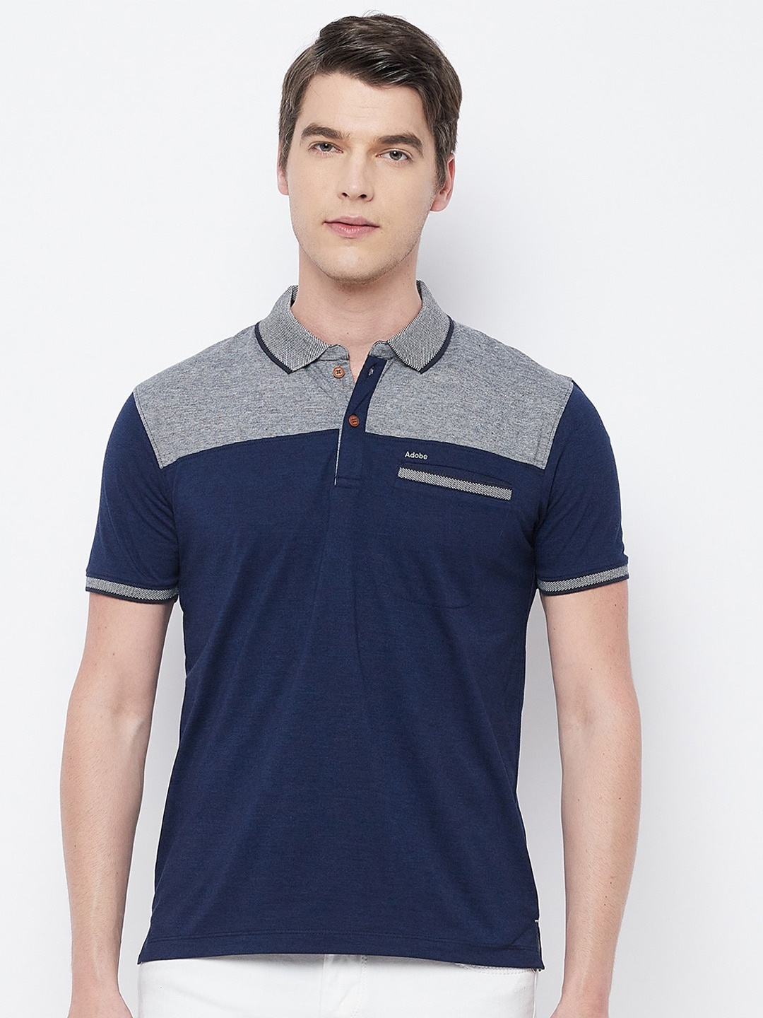 

Adobe Men Blue Colourblocked Polo Collar T-shirt