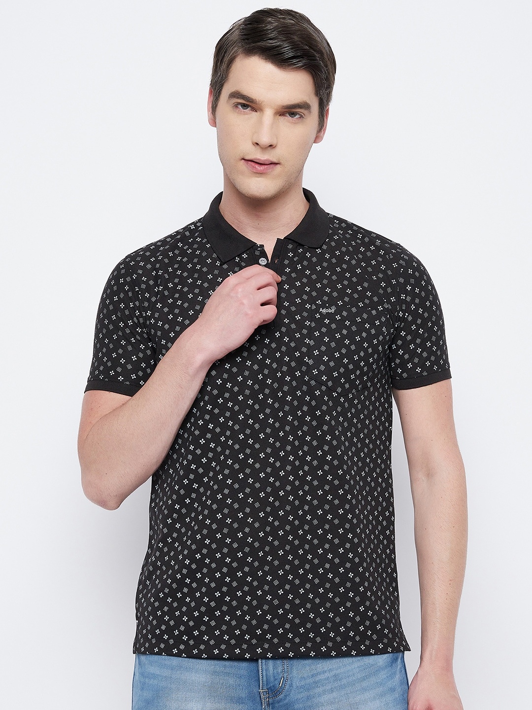 

Adobe Men Black Printed Polo Collar T-shirt