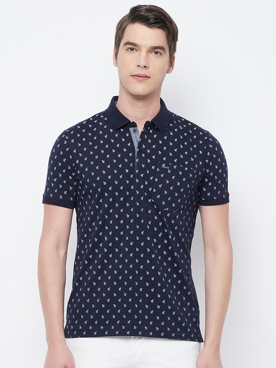 

Adobe Men Navy Blue Printed Polo Collar T-shirt