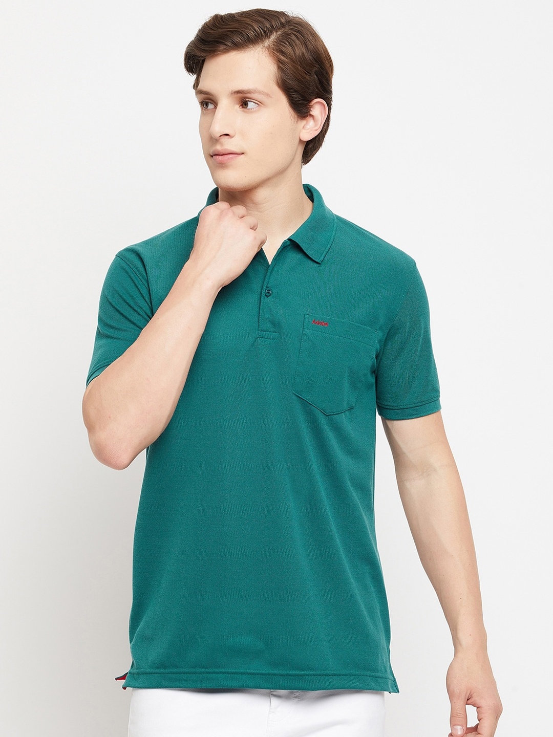 

Adobe Men Teal Solid Polo Collar T-shirt