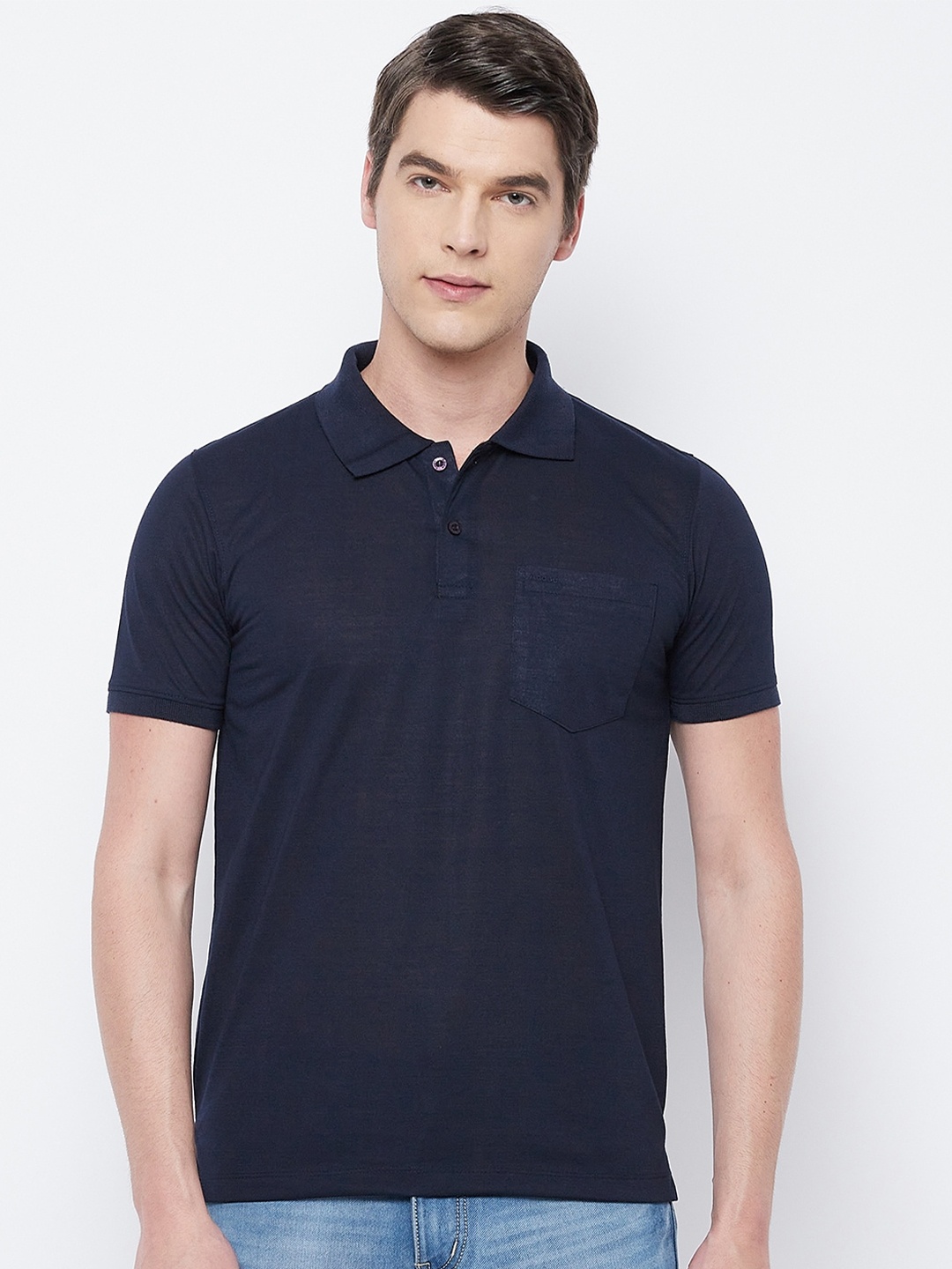 

Adobe Men Navy Blue Polo Collar T-shirt