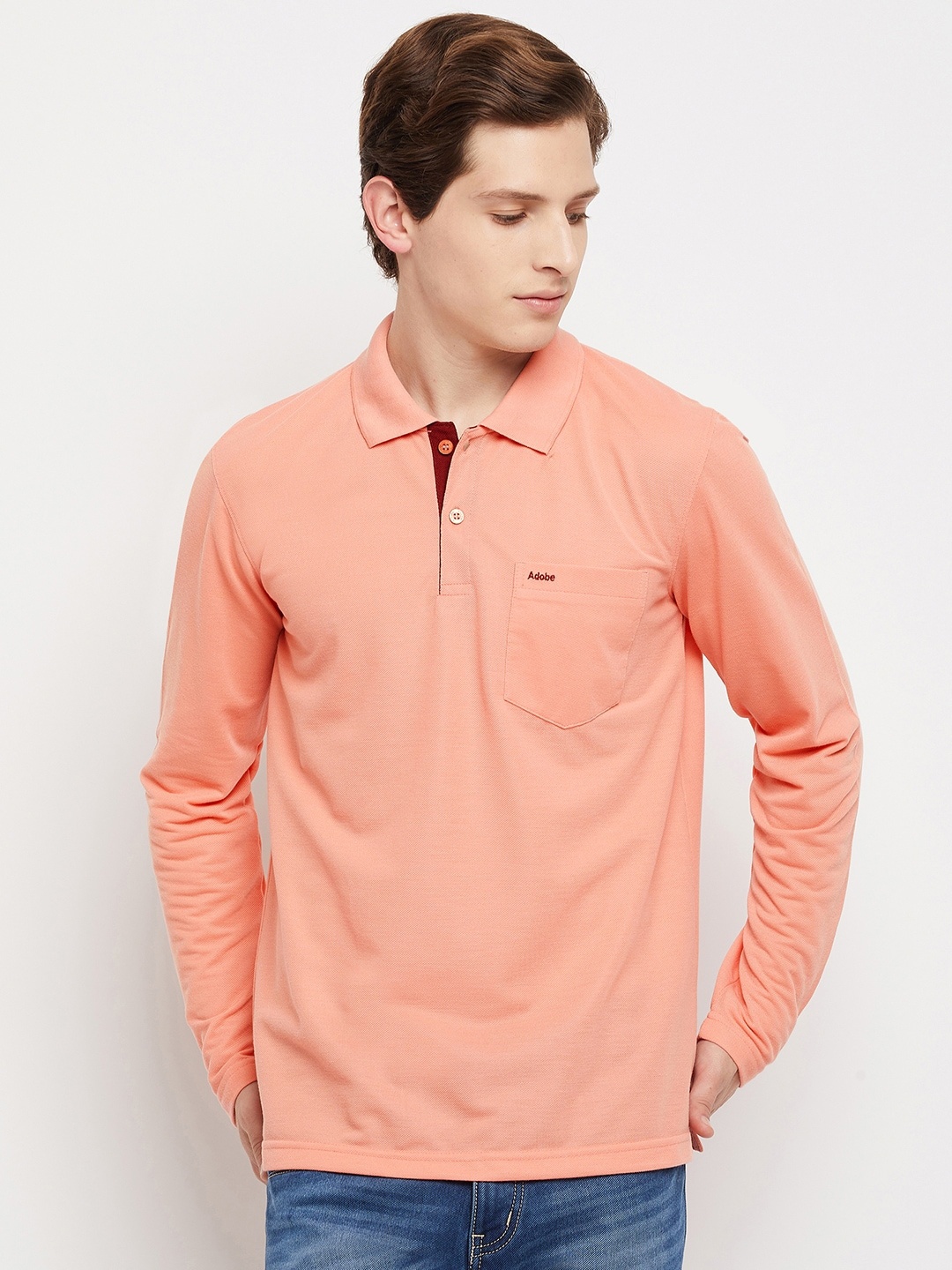 

Adobe Men Peach-Coloured Polo Collar T-shirt