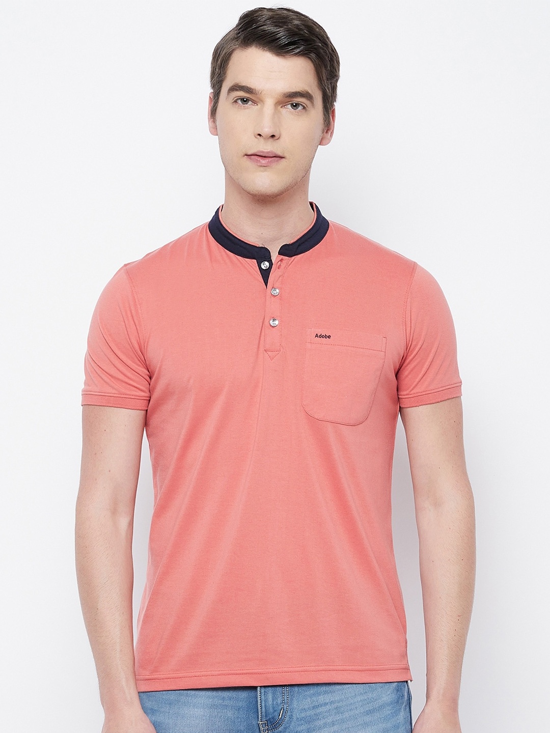 

Adobe Men Coral Henley Neck T-shirt