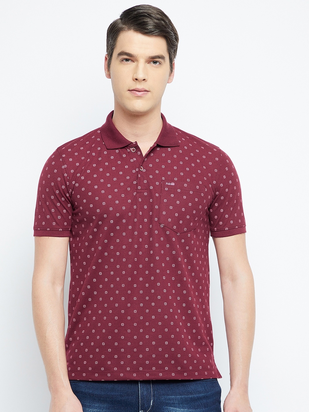

Adobe Men Burgundy Printed Polo Collar T-shirt
