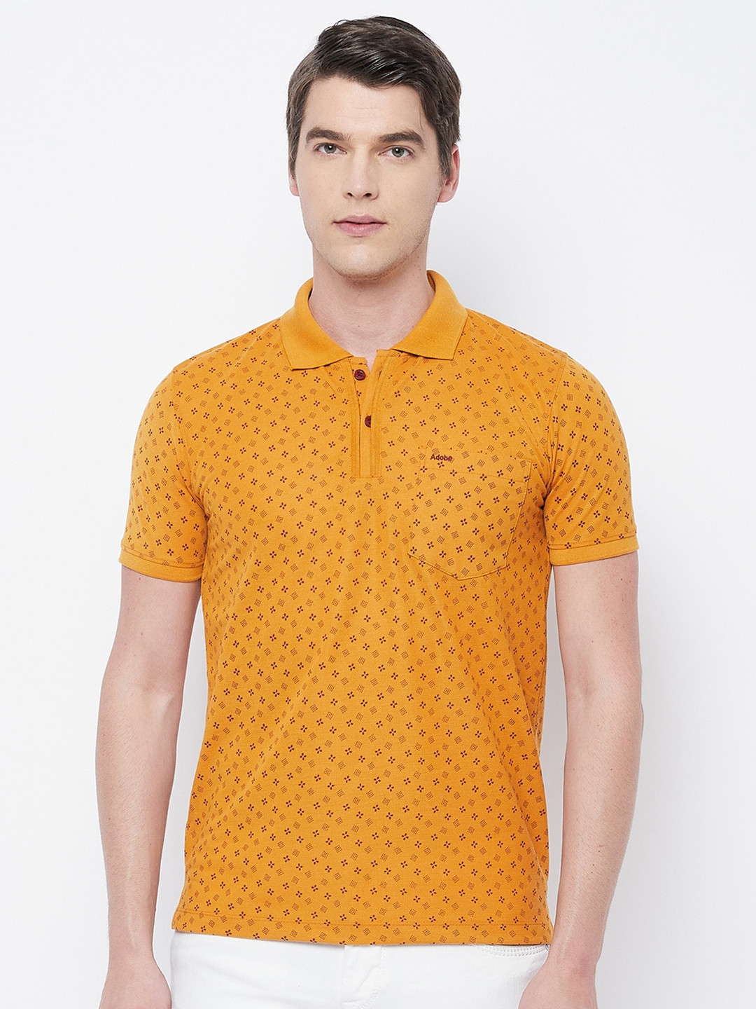 

Adobe Men Mustard Yellow Printed Polo Collar T-shirt