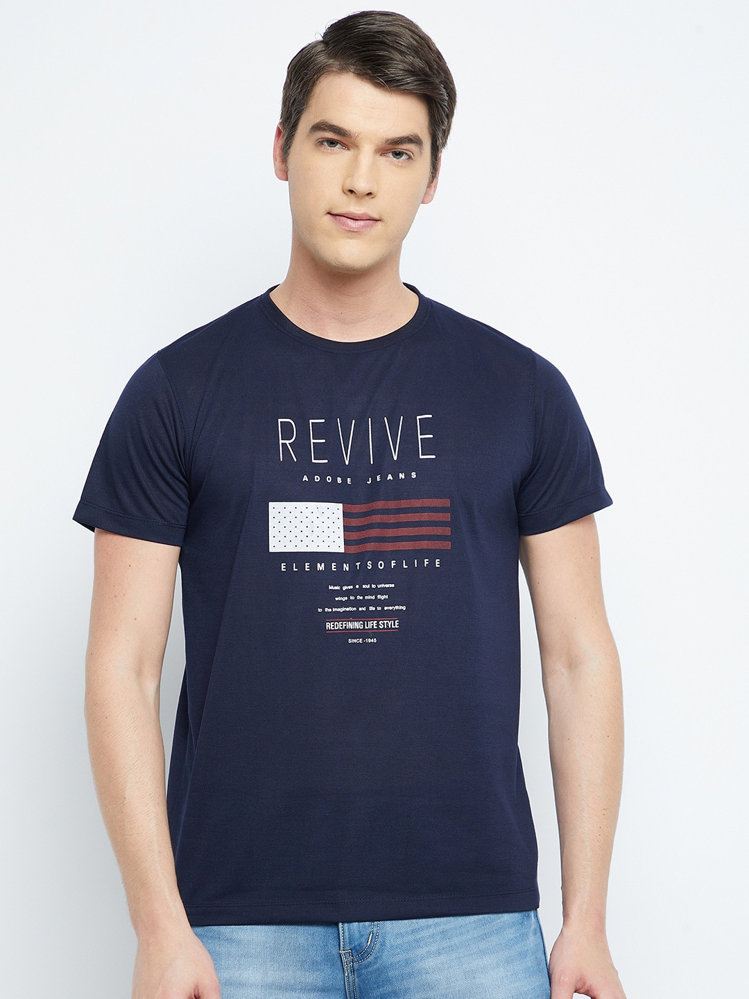 

Adobe Men Navy Blue Typography Printed T-shirt
