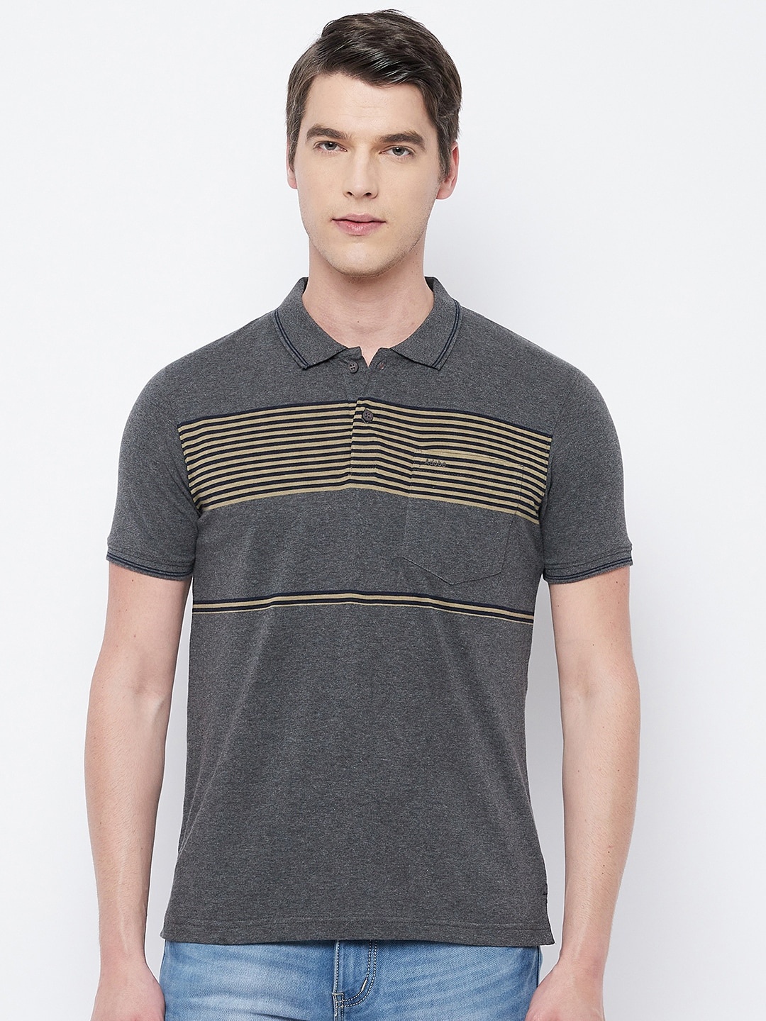 

Adobe Men Charcoal Striped Polo Collar T-shirt