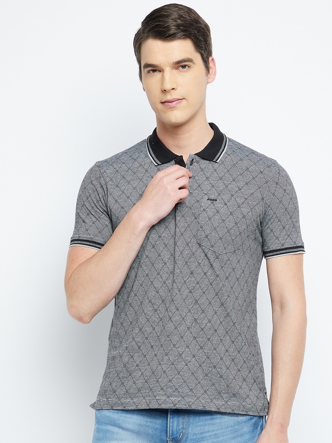 

Adobe Men Black & Grey Printed Polo Collar T-shirt