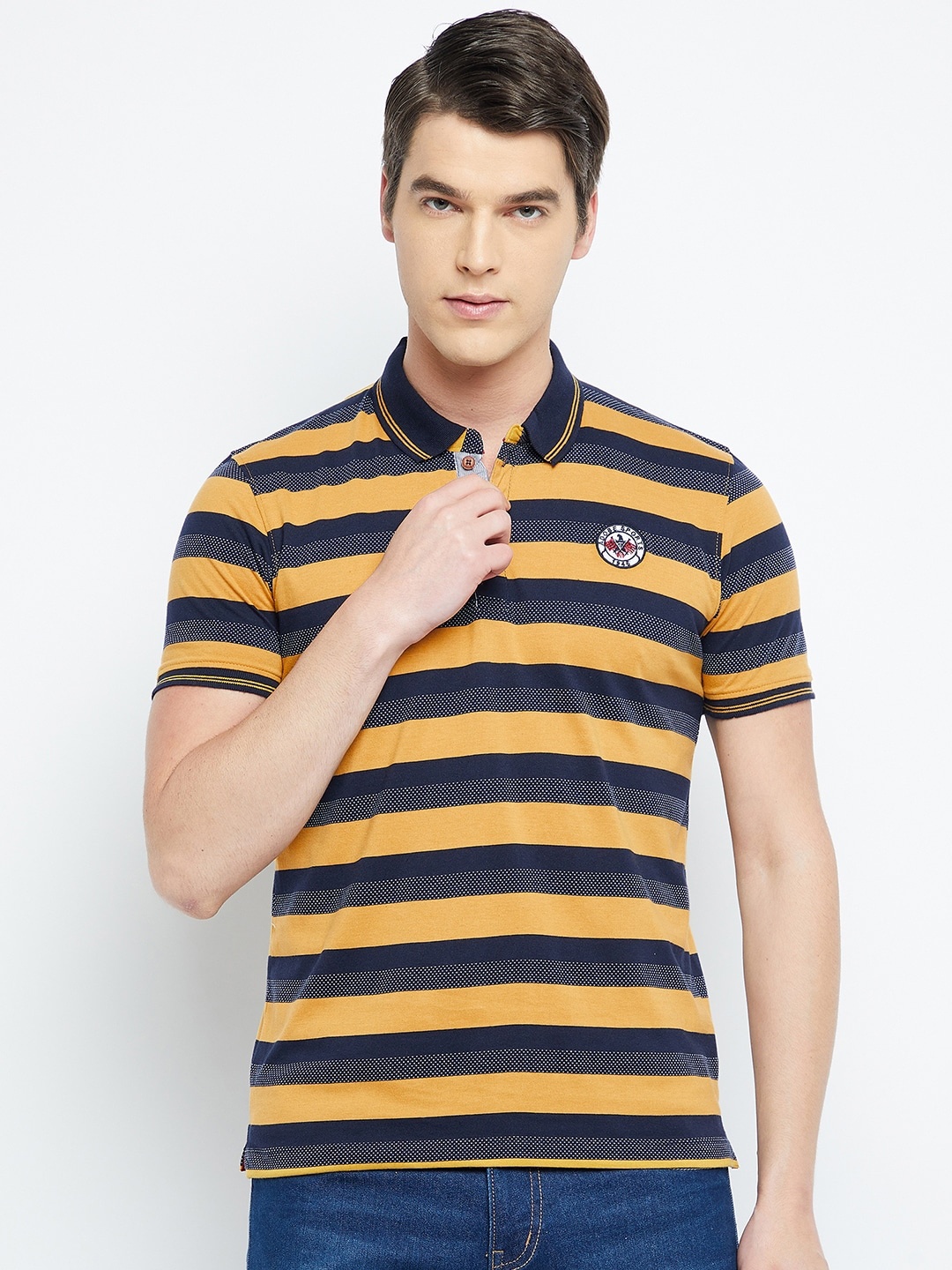

Adobe Men Mustard Yellow Striped Polo Collar T-shirt