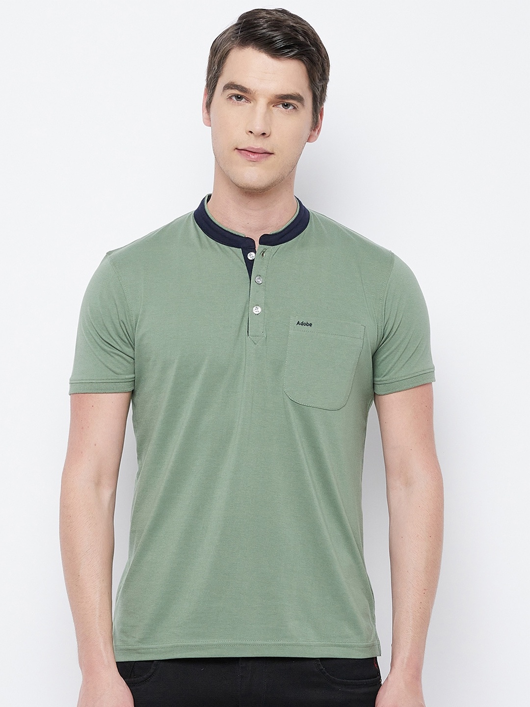 

Adobe Men Green Henley Neck T-shirt