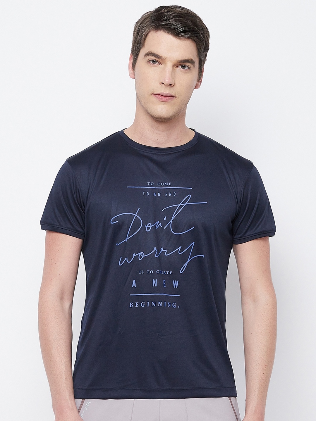 

Adobe Men Navy Blue Typography Printed T-shirt