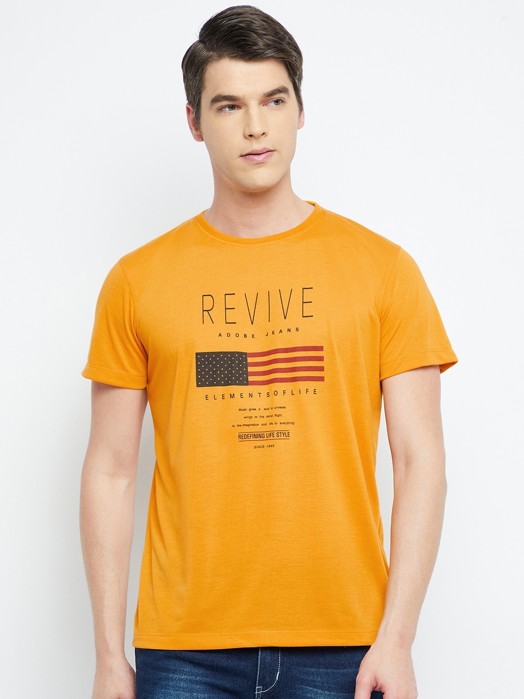 

Adobe Men Mustard Yellow Typography Printed T-shirt