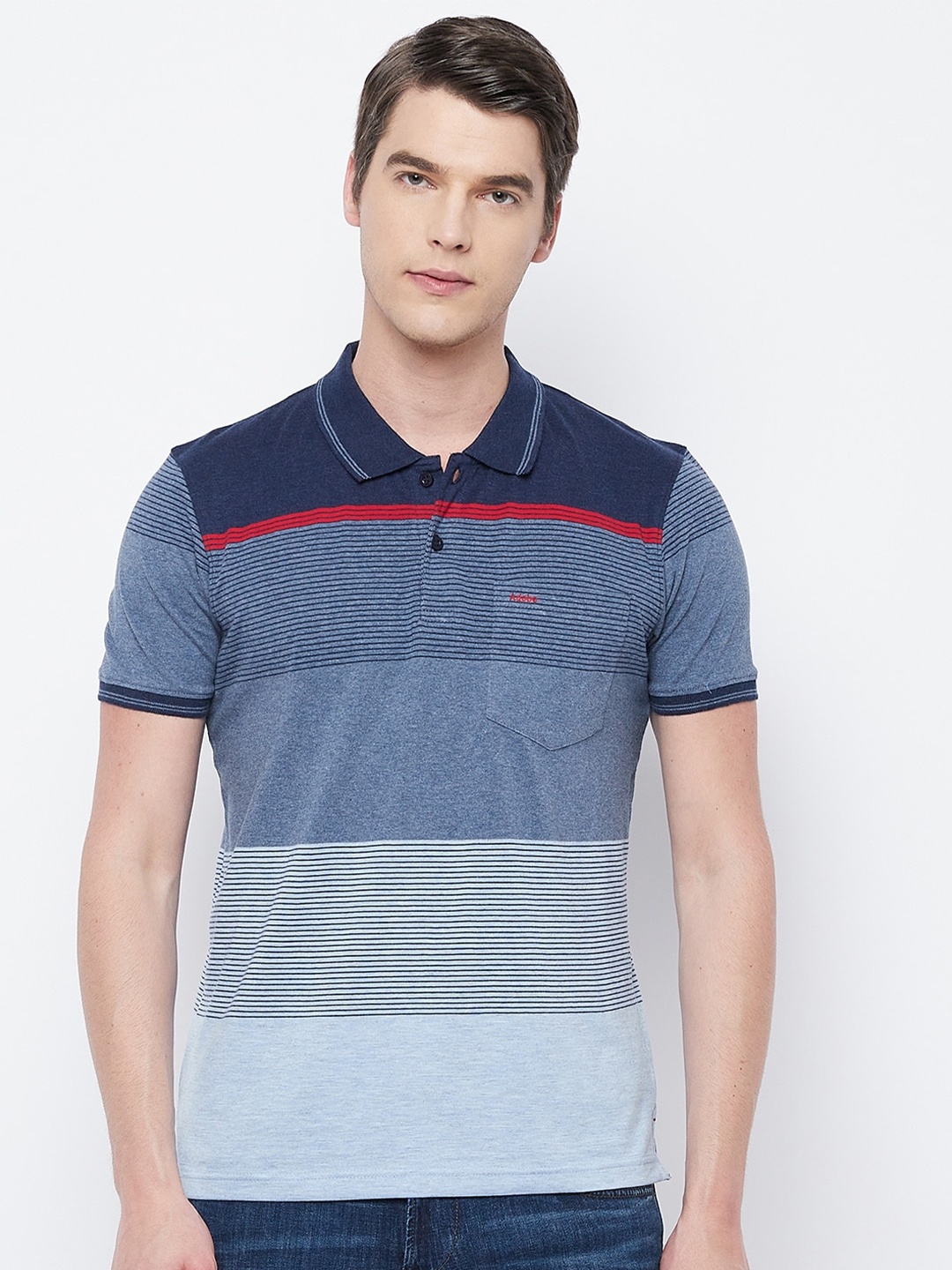 

Adobe Men Blue Striped Polo Collar T-shirt