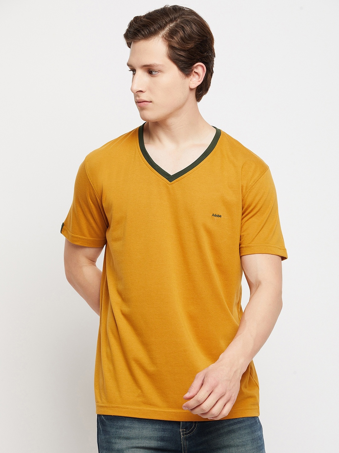 

Adobe Men Mustard Yellow V-Neck T-shirt