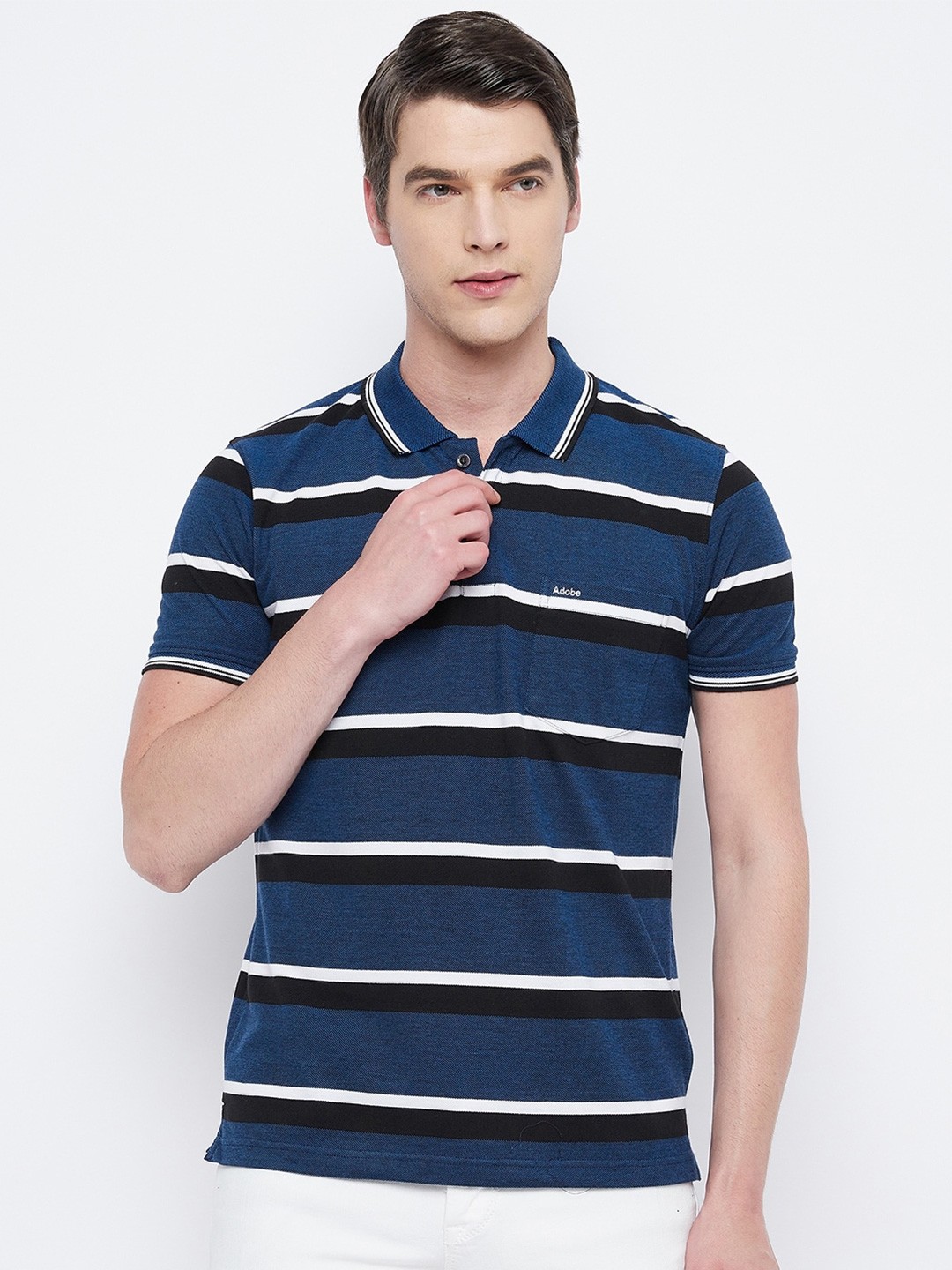 

Adobe Men Blue Striped Polo Collar Cotton T-shirt