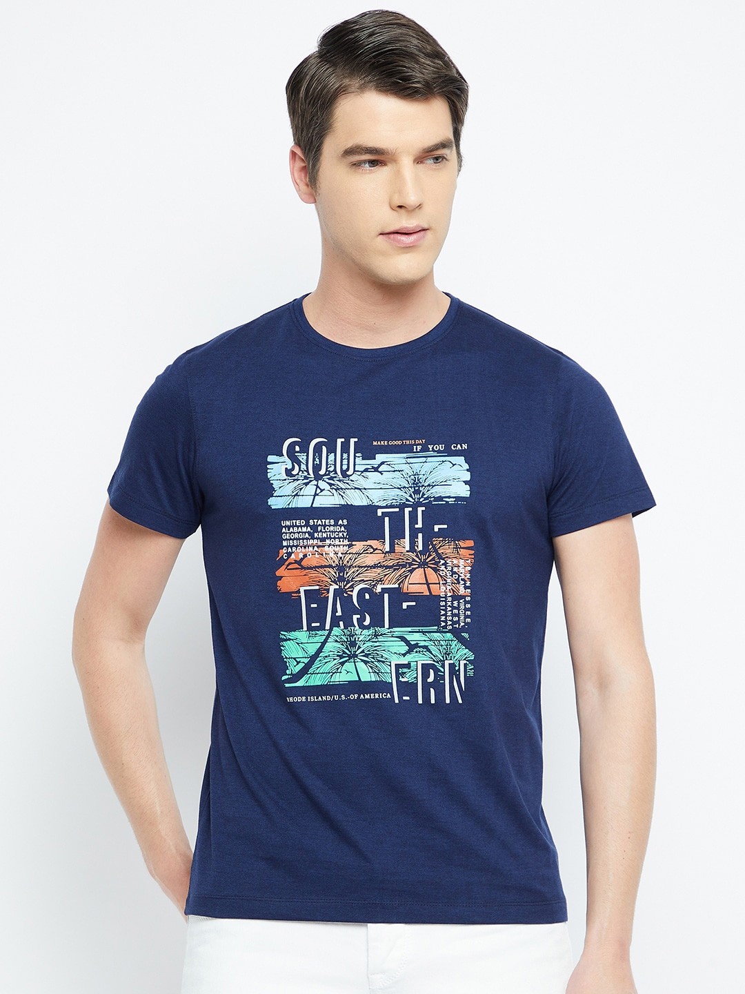 

Adobe Men Blue Printed Cotton T-shirt
