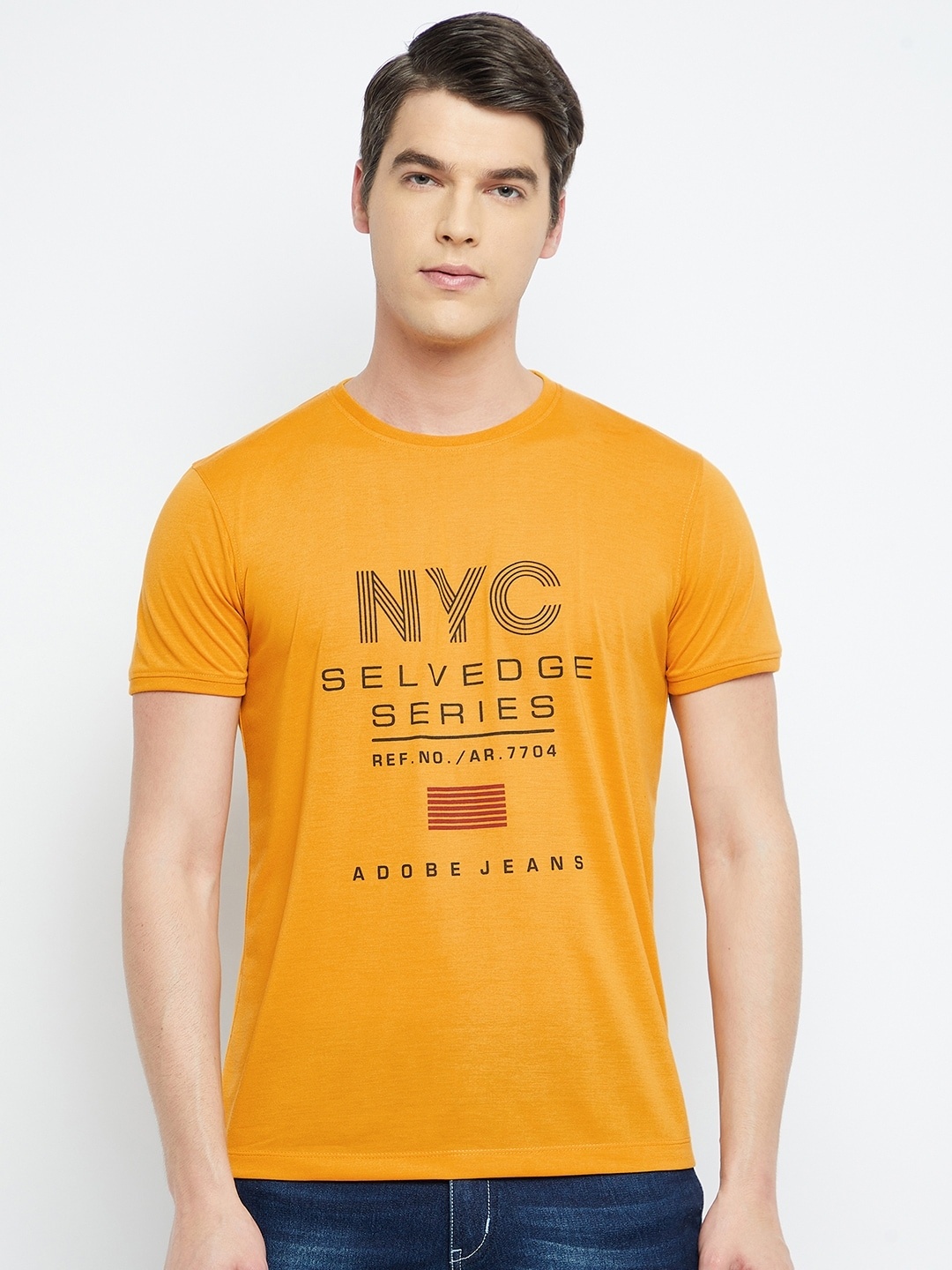 

Adobe Men Mustard Yellow Typography Printed T-shirt