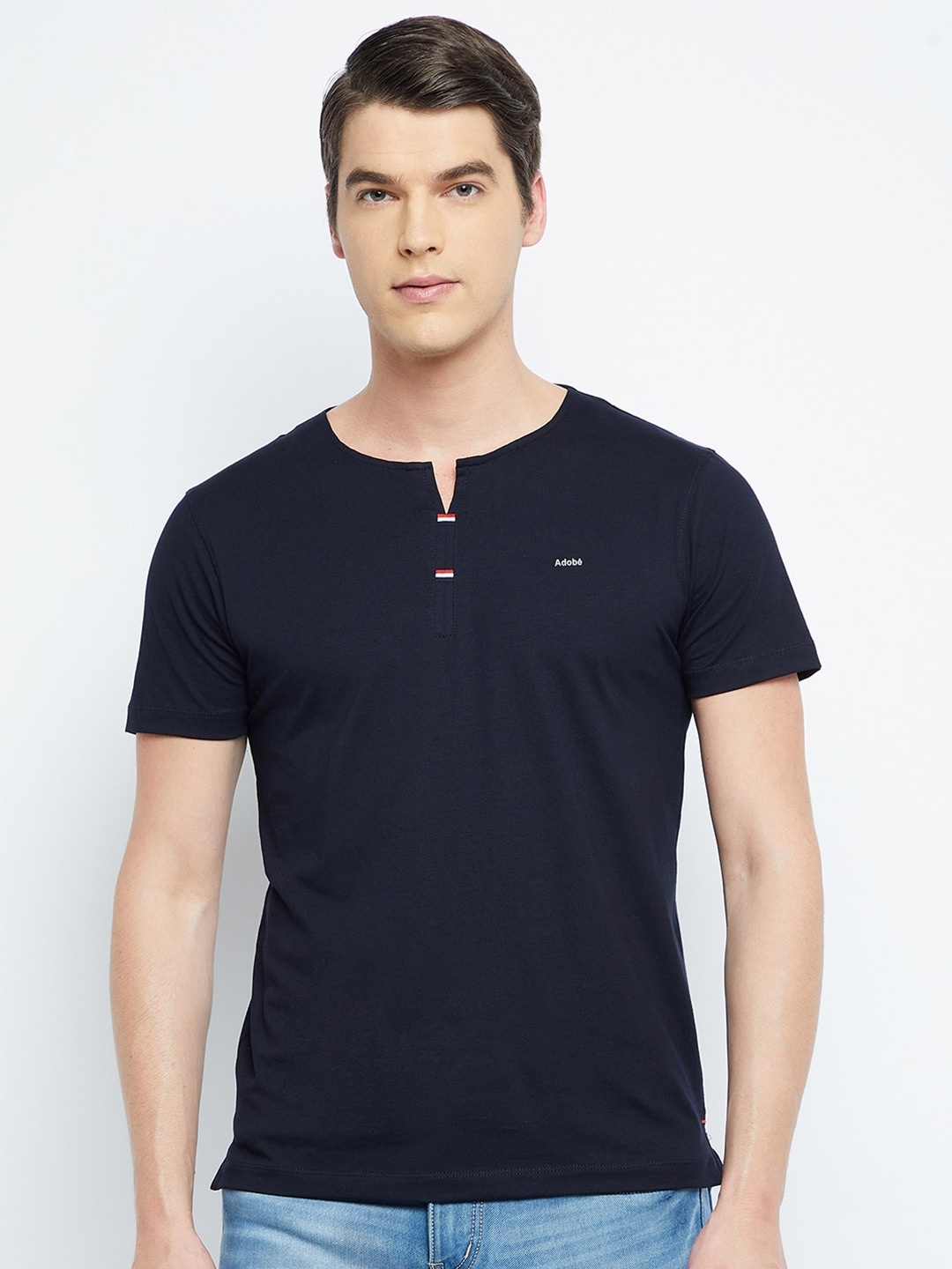 

Adobe Men Navy Blue Henley Neck T-shirt