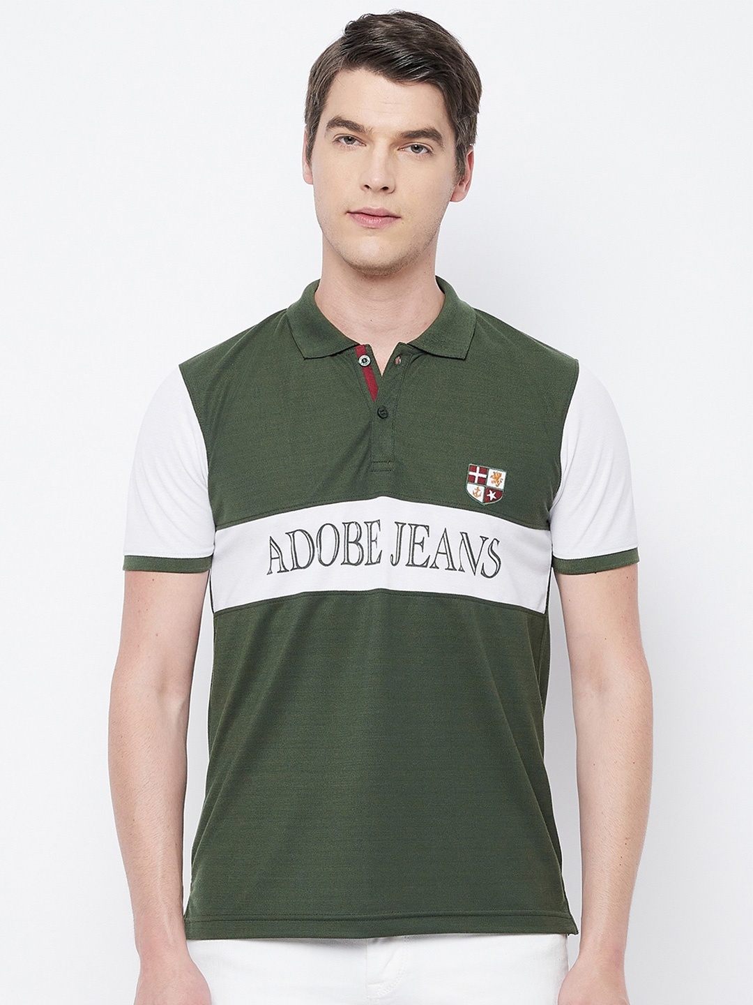 

Adobe Men Green & White Colourblocked Polo Collar T-shirt