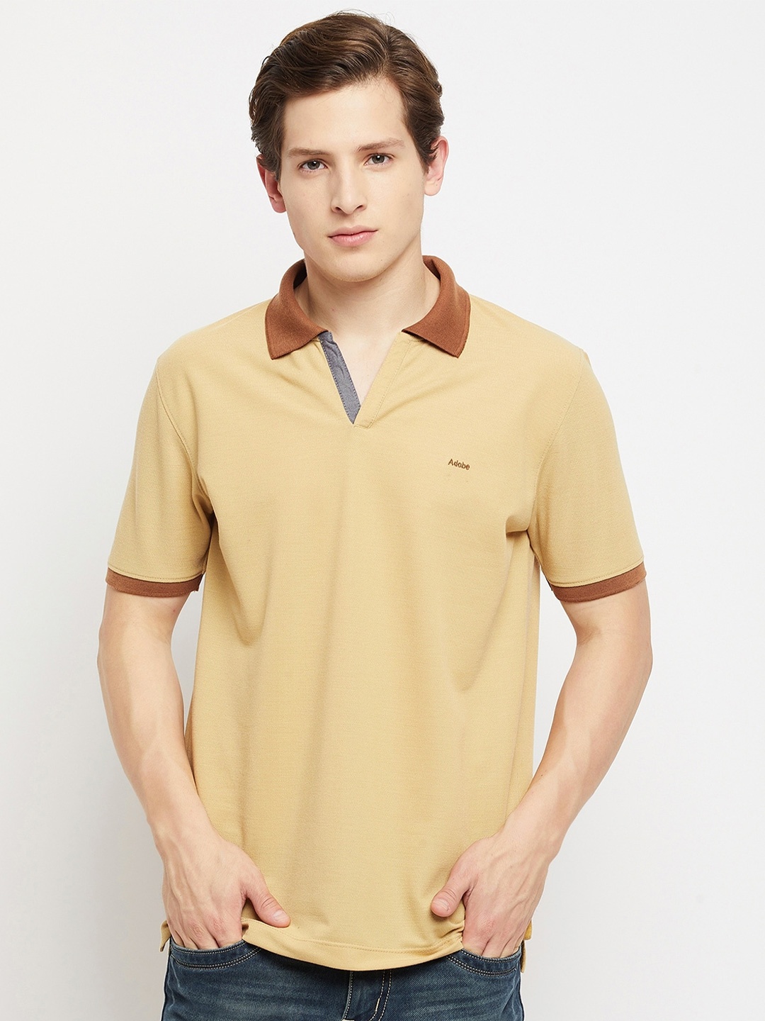 

Adobe Men Beige Polo Collar T-shirt