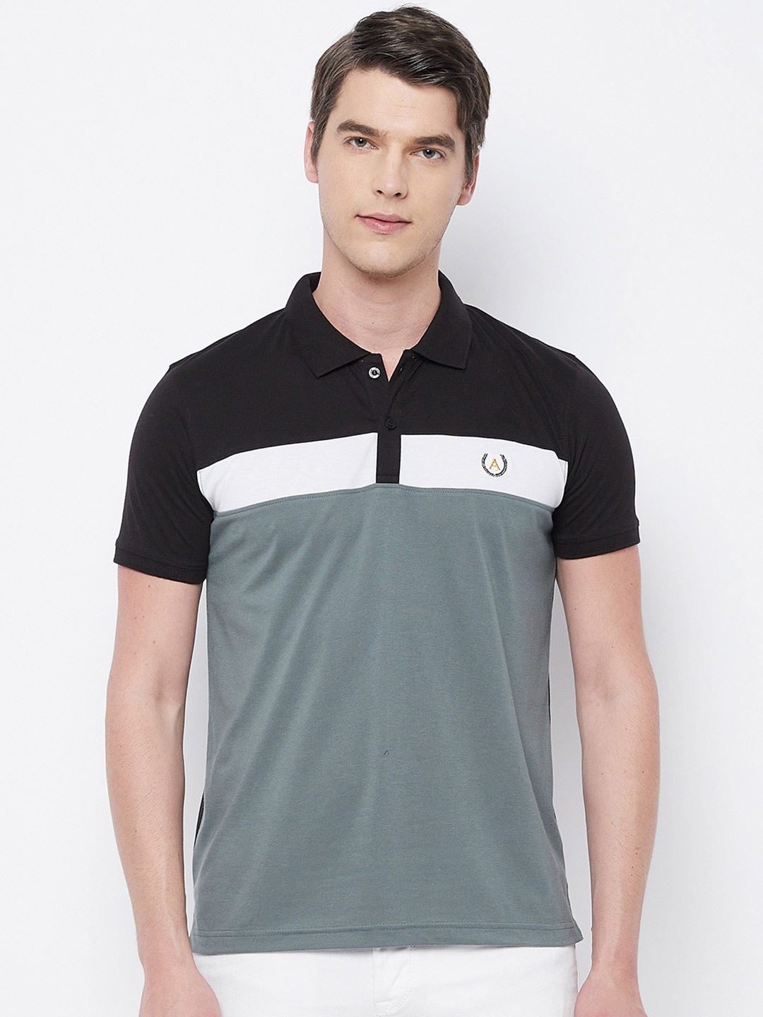 

Adobe Men Black & Grey Colourblocked Polo Collar Cotton T-shirt