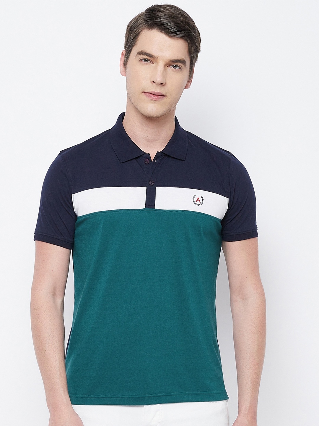 

Adobe Men Navy Blue & Green Colourblocked Polo Collar Cotton T-shirt