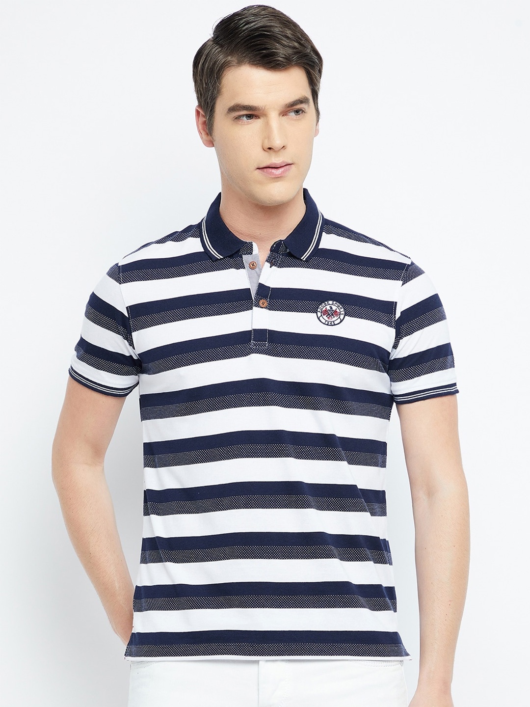 

Adobe Men White & Navy Blue Striped Polo Collar T-shirt