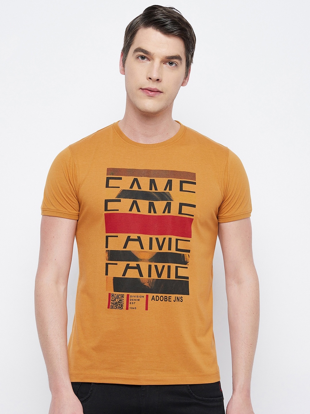 

Adobe Men Mustard Yellow Typography Printed Cotton T-shirt