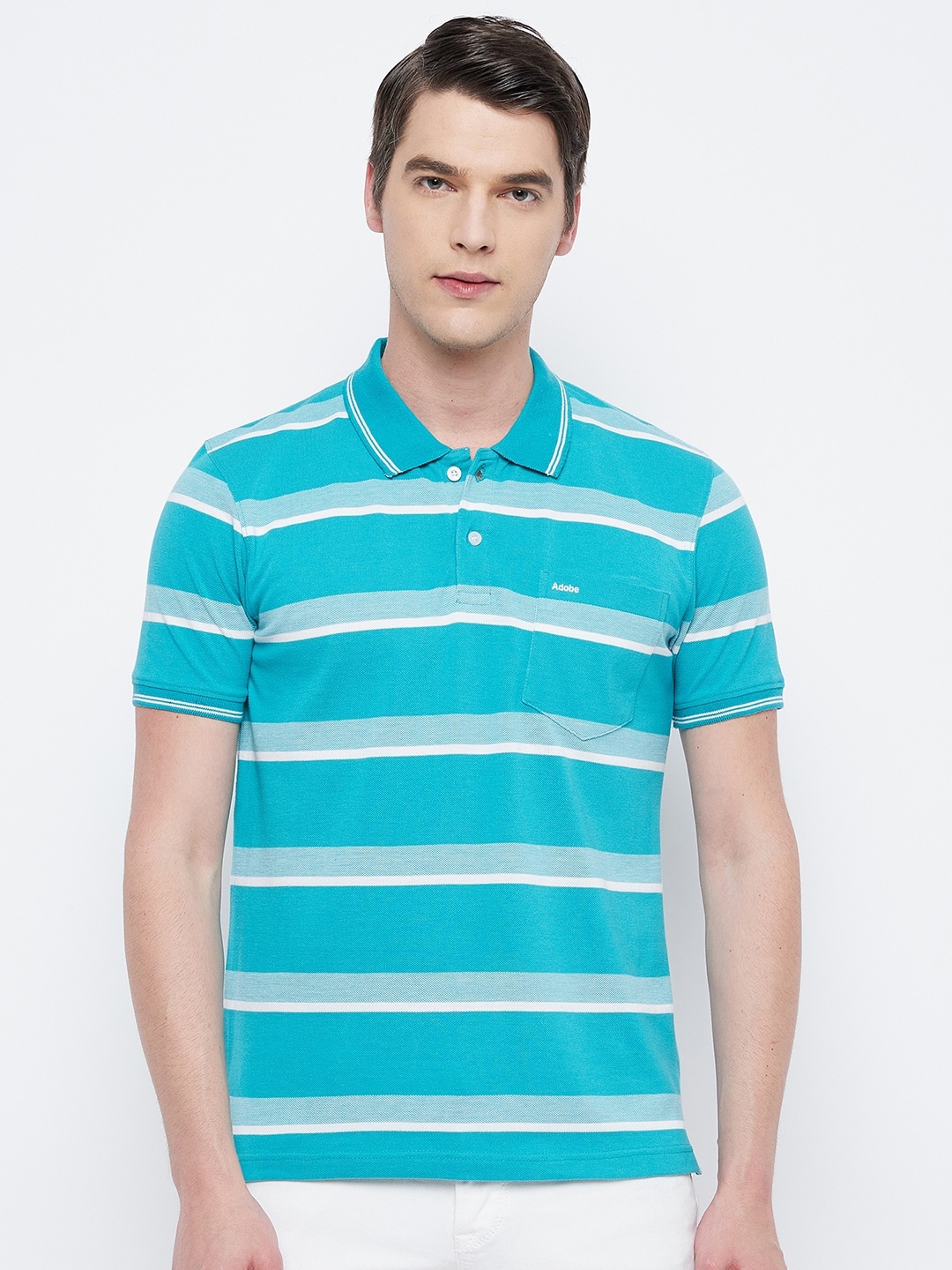 

Adobe Men Turquoise Blue Striped Polo Collar T-shirt