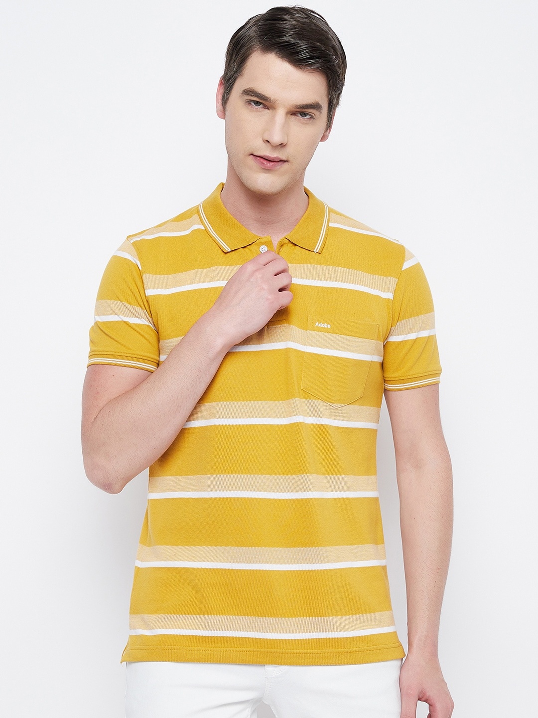 

Adobe Men Mustard Yellow & White Striped Polo Collar T-shirt